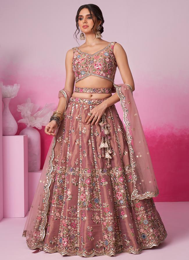 Net Rose Gold Wedding Wear Sequins Work Lehenga Choli